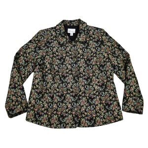 Vintage style black floral tapestry button up jacket sz 14 large petite academia